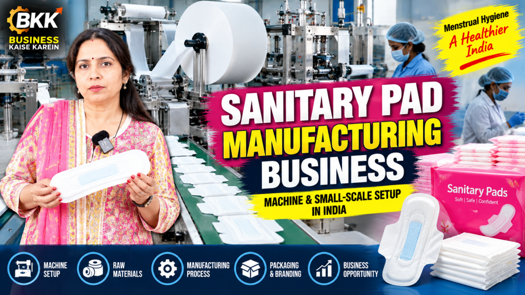 Sanitary pad manufacturing business in India showing a sanitary pad production machine, manufacturing process, raw materials, packaging and small-scale business setup.